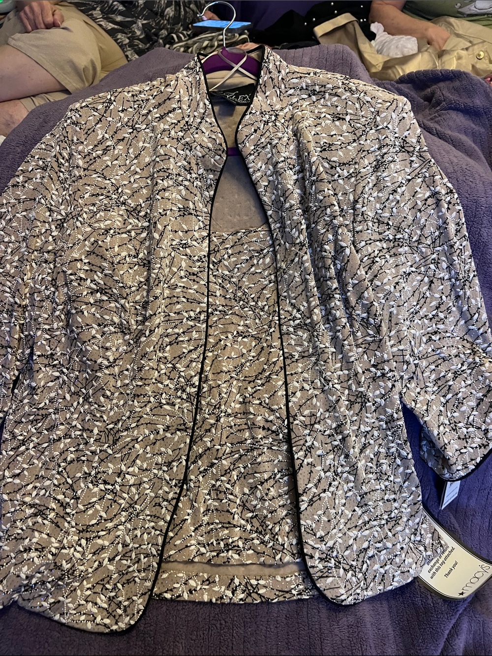 Alex Evenings Taupe and Black Printed Open-Front Jacket